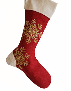 Christmas Stockings in red burlap and ivory velvet with gold sequins beads embroidery