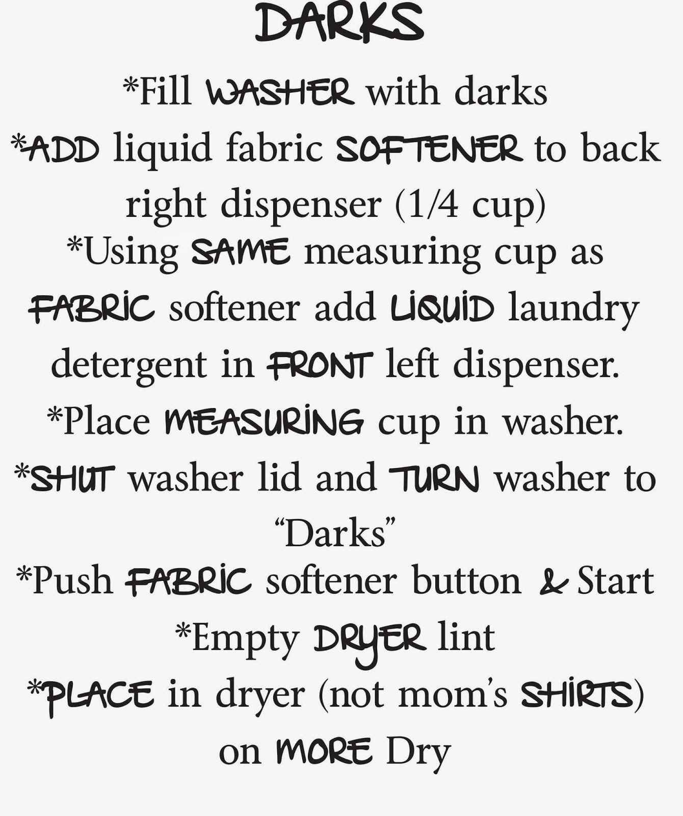 Fun Day at a Time Laundry Instruction Sheets