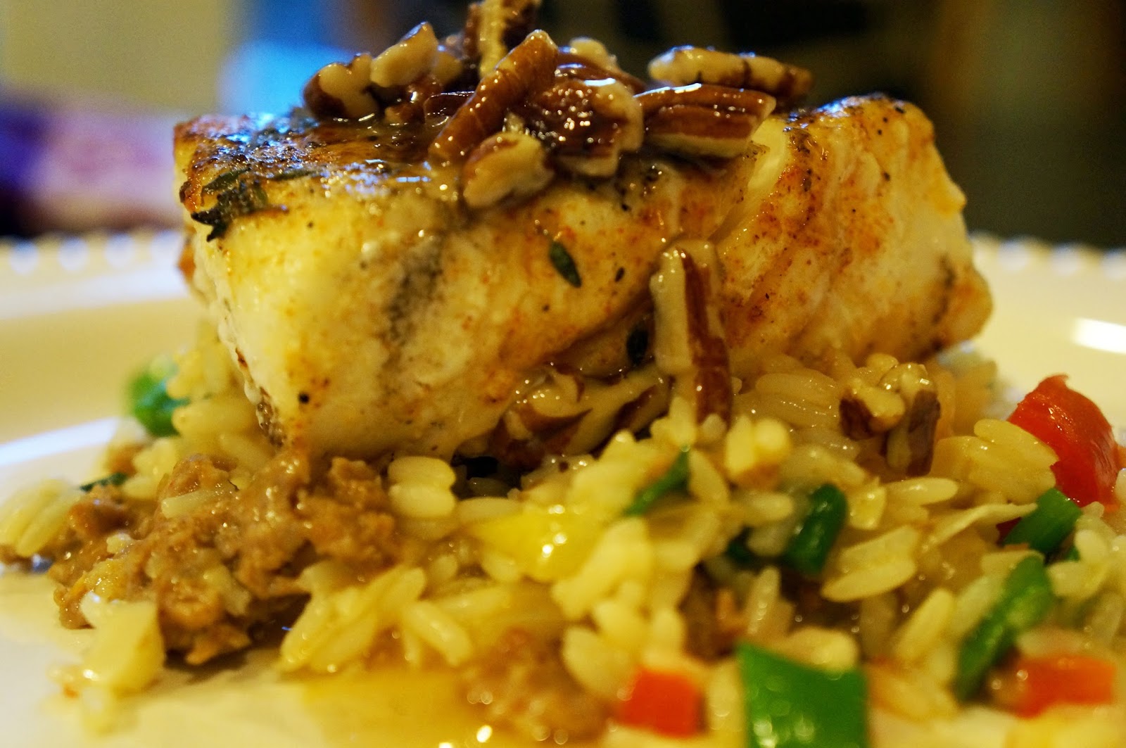 adorned abode archive Cajun Halibut with Praline Sauce Over Dirty Rice
