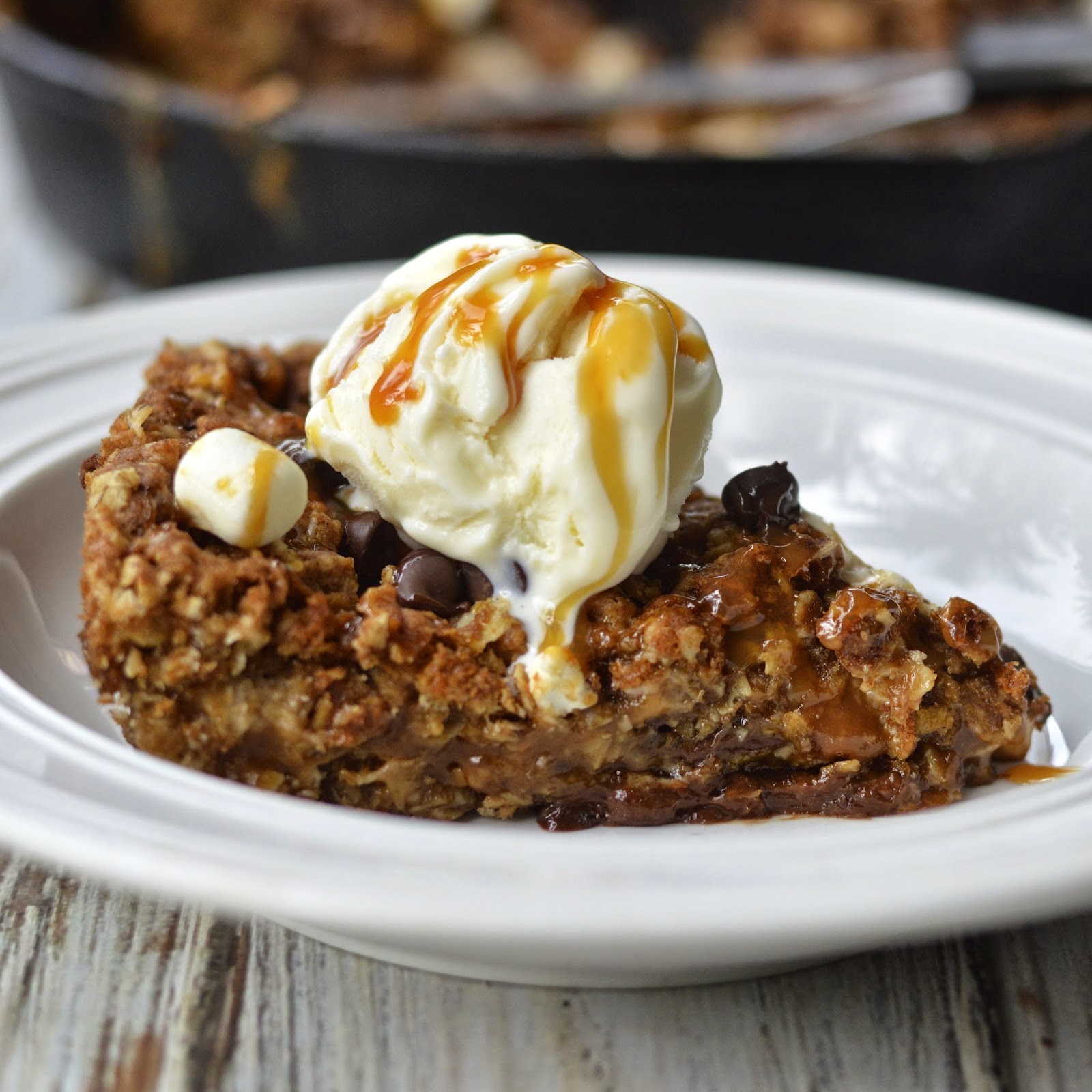 Oatmeal Caramel Skillet Cookie with Marshmallow and Chocolate {Gluten