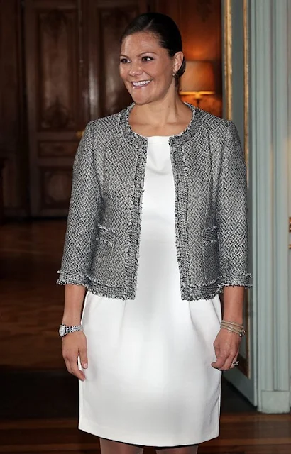 Pregnant Crown Princess Victoria of Sweden attends an opening of an exhibition devoted to Count Folke Bernadotte’s activities at the Mediterranean Sea Museum