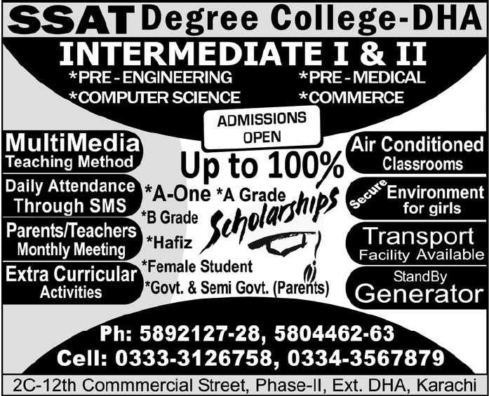 Admission in Pakistan SSAT Degree College DHA Karachi Admissions 2011