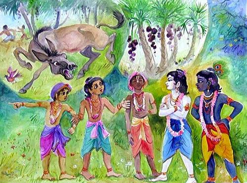 Cowherd boys telling Krishna and Balrama about Talvana