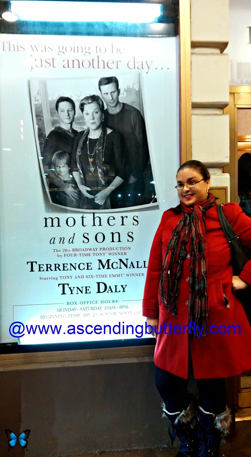 Tracy from Ascending Butterfly at Golden Theater New York City Mothers and Sons Signage