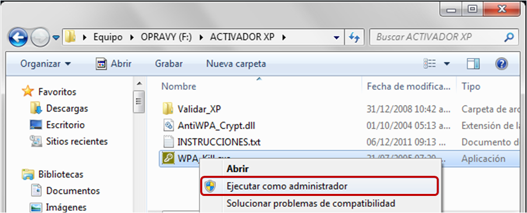 carpeta descargada que contiene el activador