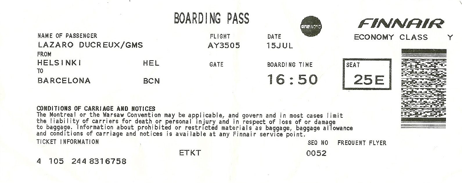 The traveler's drawer FINNAIR. Boarding Pass for the flight AY3505