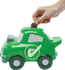 Green money box shaped in car with white tick and hand putting coin in