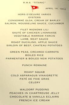 dinner menu in titanic ship