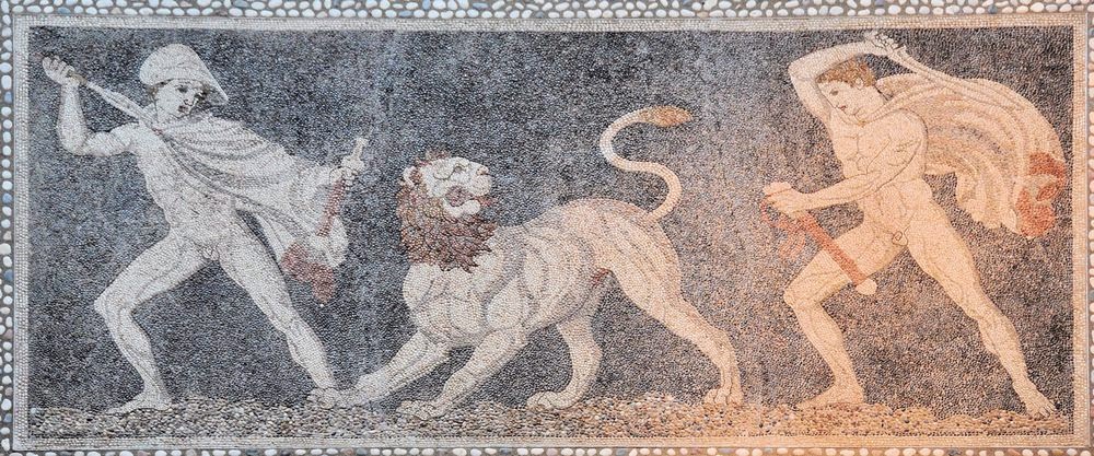 Alejandro Magno y Crátero cazando un león, mosaico hallado en Pella 320 a.C..jpg