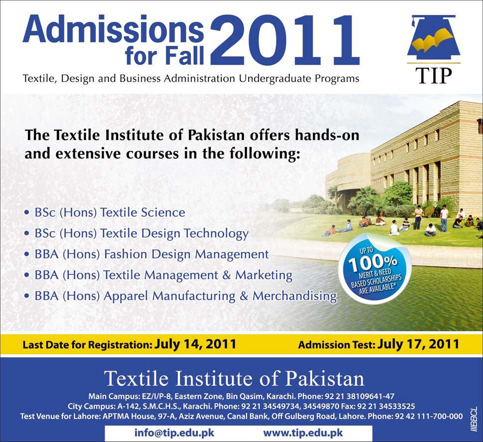Admission in Pakistan TIP Textile Institute of Pakistan admission Fall