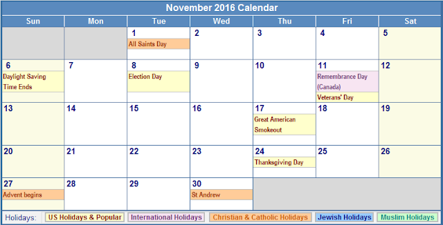 November 2016 Calendar with US Holidays Free, November 2016 Printable Calendar Cute Word Excel PDF Template Download Monthly, November 2016 Blank Calendar Weekly