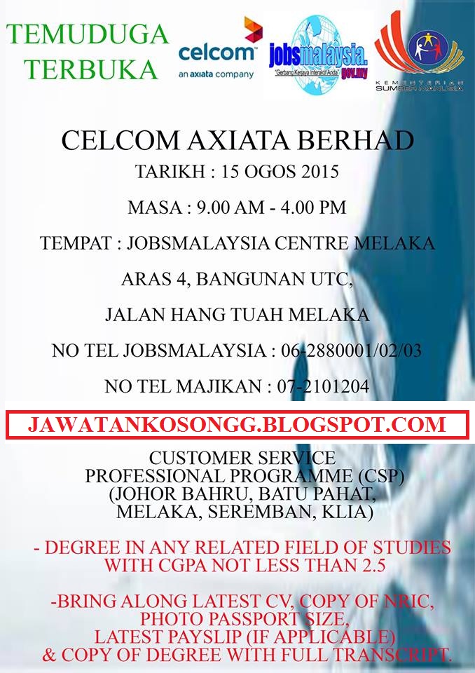 Jawatan Kosong Temuduga Terbuka Celcom Axiata Johor Melaka Seremban