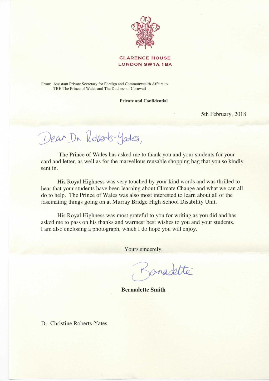 Thank you from Clarence House