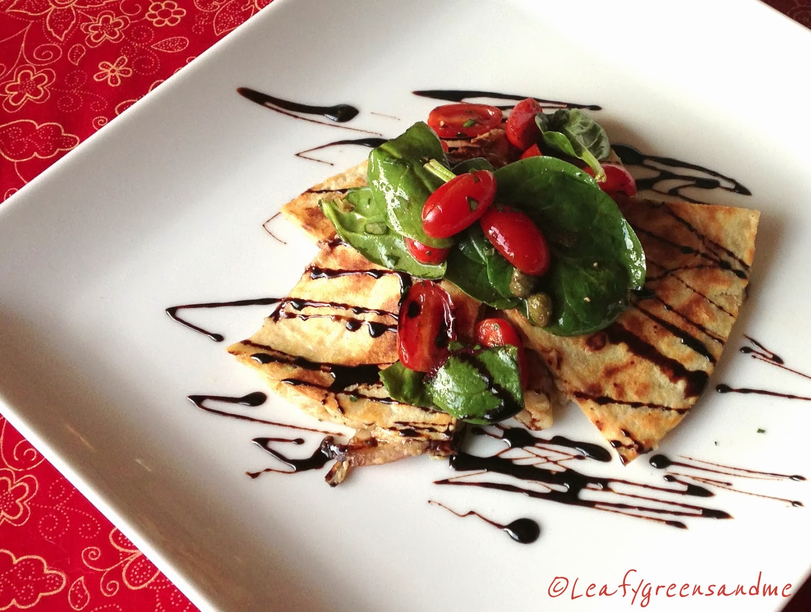 Tuscan White Bean Quesadilla with Balsamic Glaze Leafy Greens and Me