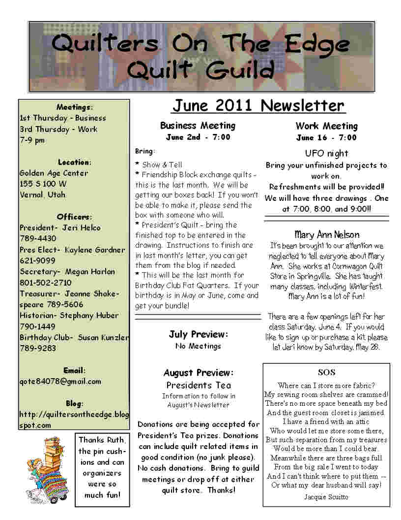 Quilters On The Edge Quilt Guild: June Newsletter