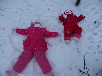 The girls attempt to draw a snow angel The girls attempt to draw a snow angel