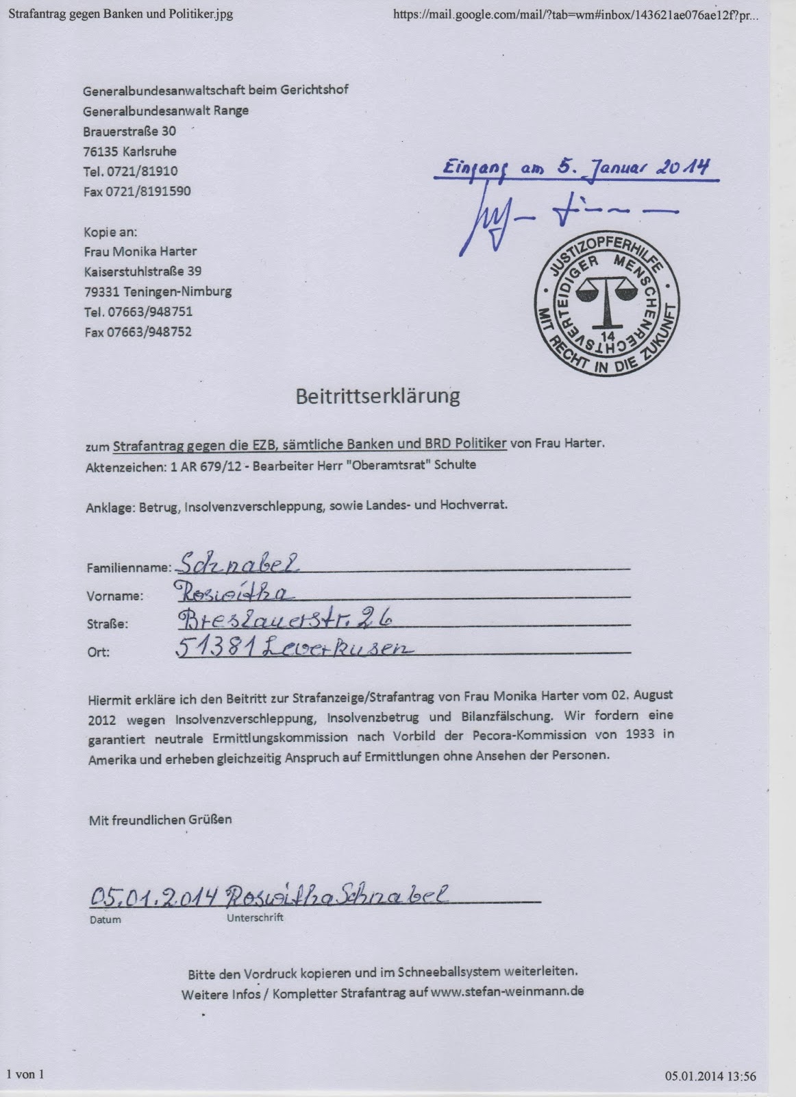 Excalibur Roswitha Schnabel Strafantrag an die Banken & 200, Euro für