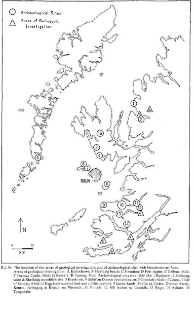 Distribution map showing locations of Rhum bloodstone from other islands and the mainland. Soay does not have finds, but Skye has several
