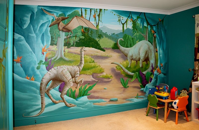 Dormitorio de Niños decorado con Dinosaurios - Arte en las Paredes y