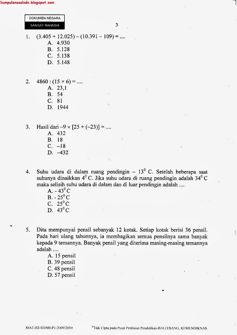 Soal Matematika Unbk Kls 6