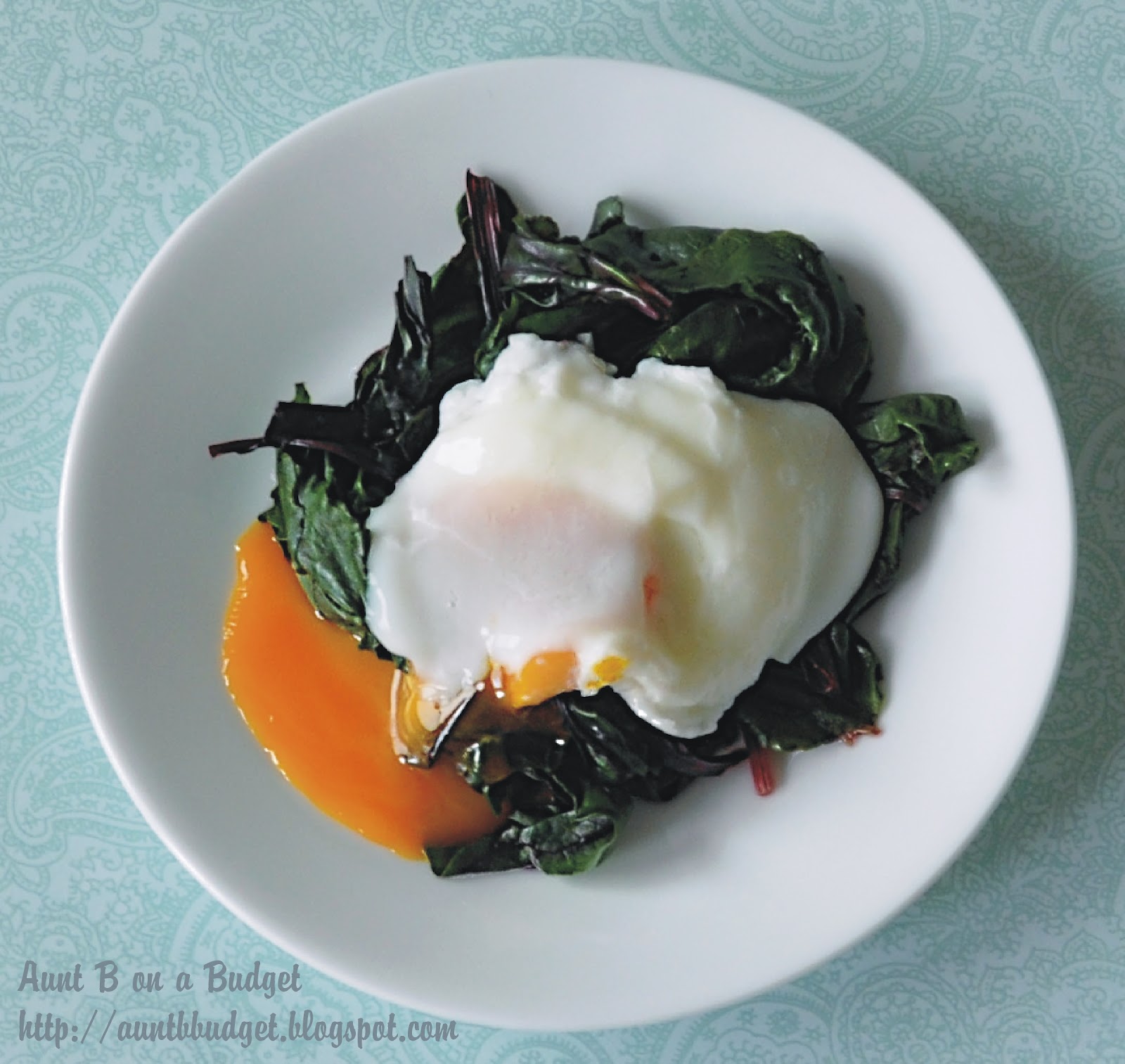 Aunt B on a Budget Poached Eggs and Beet Greens