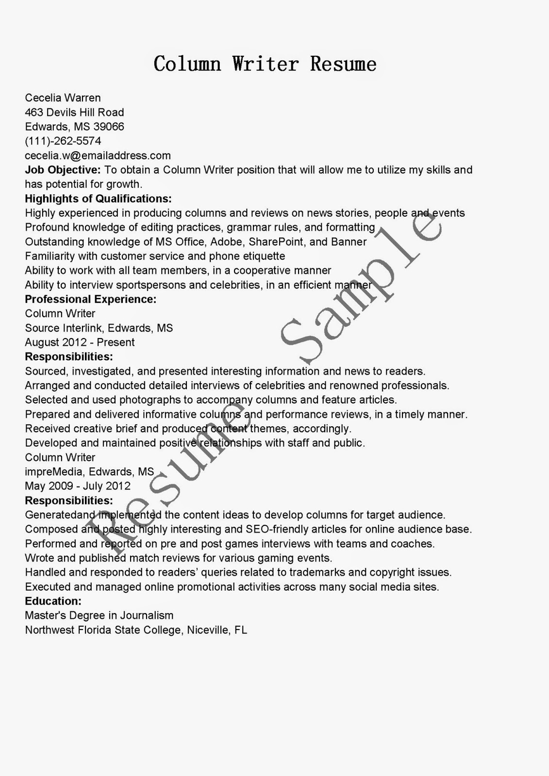Resume Samples Column Writer Resume Sample