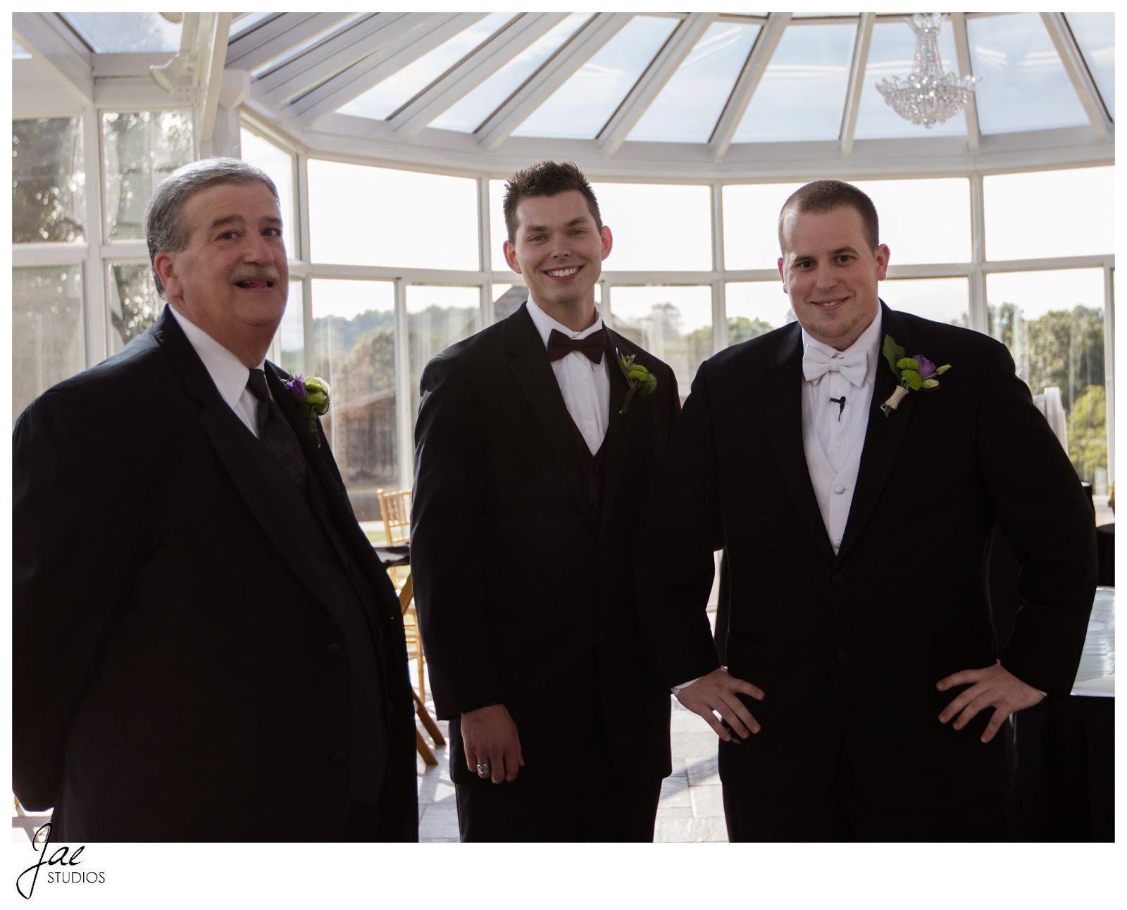 Jonathan and Julie, Bird cage, West Manor Estate, Wedding, Lynchburg, Virginia, Jae Studios, ceremony, father, best man, groom, tuxedo, boutonniere, flowers, purple