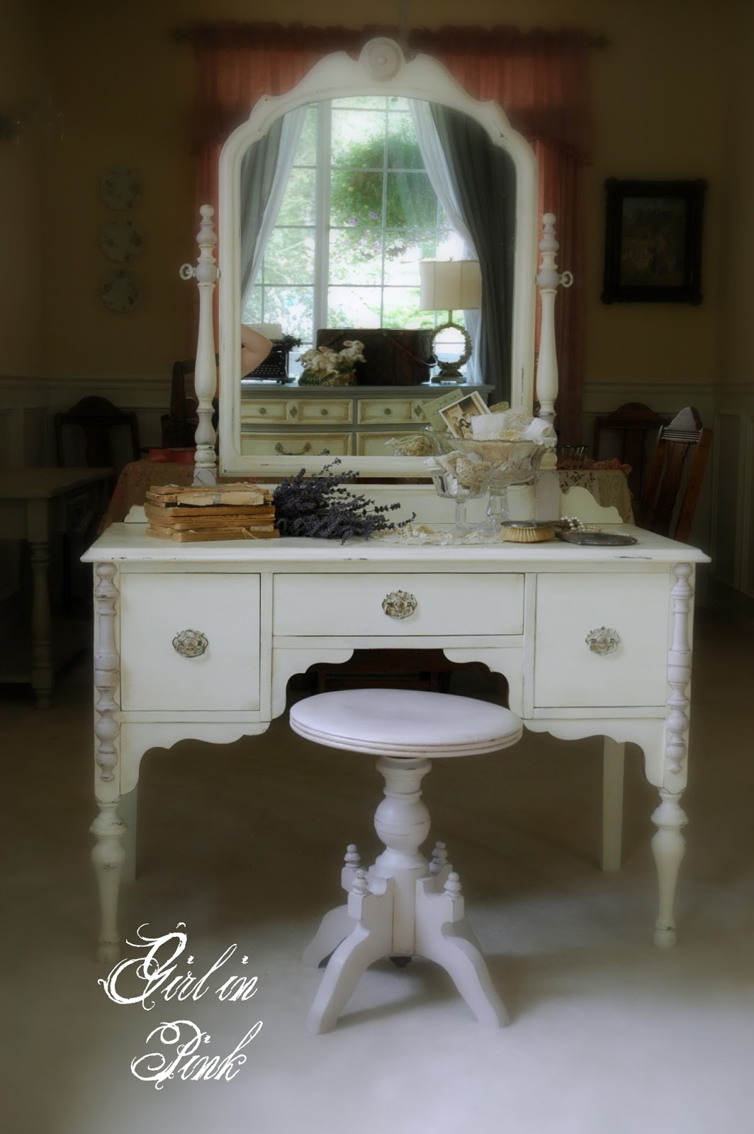 Girl in Pink Vintage Vanity Ready for the Faire!