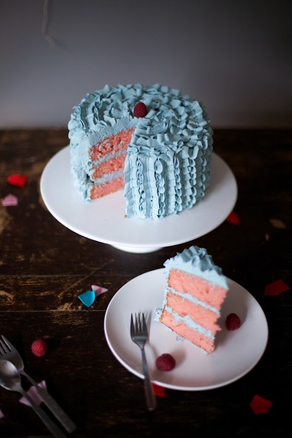 blue ruffle buttercream cake pink layers