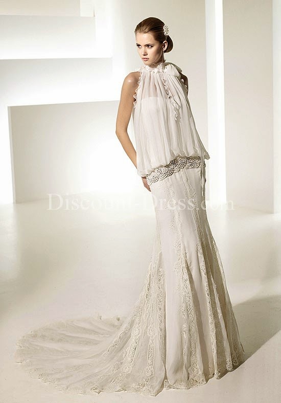 Sheath Halter Floor Length Attached Chiffon Beading/ Lace Wedding Dress