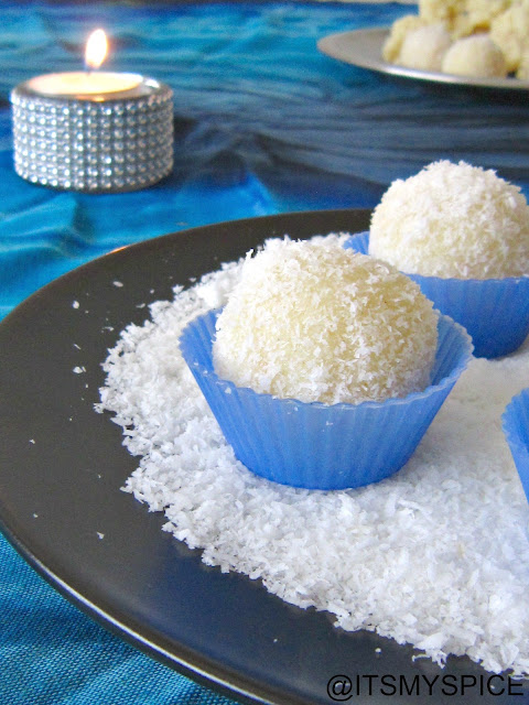 Superquick coconut ladoos-made with dessicated milk and condensed milk