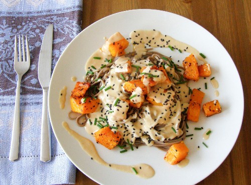 Chilli Roasted Butternut Squash with Soba Noodles and a Miso-Tahini Sauce