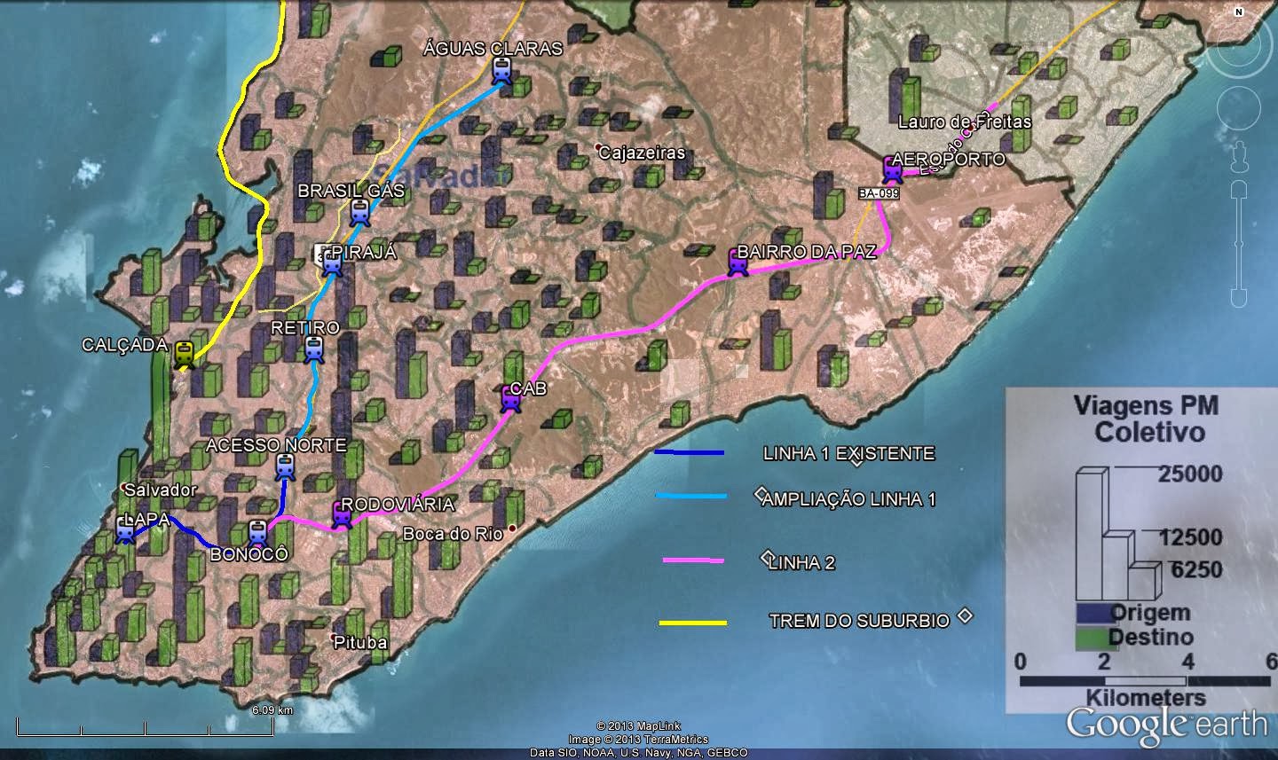 Sobreposição das linhas previstas para o metrô e dados da pesquisa de mobilidade urbana da RMS