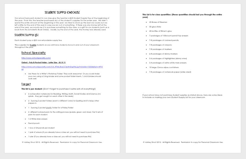 The Real Teachr Student Supply List