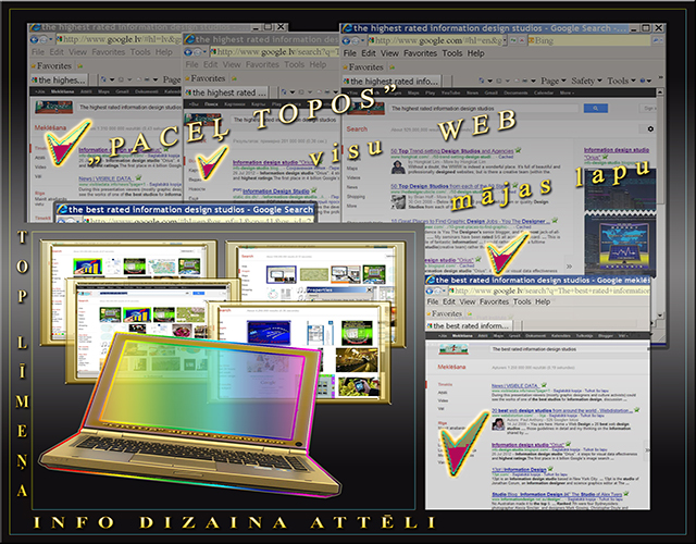 Attēls vizuāli parāda kvalitatīva info-dizaina svarīgu uzdevumu un vēlamo rezultātu internetā, kad augsti reitingota vizuālā un info-grafika „pavelk” uz augšu arī kopējo WEB mājas lapas reitingu
