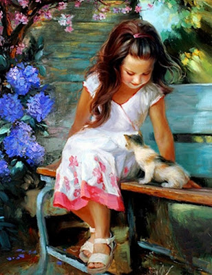 Pintura y Fotografía Artística : Pinturas óleo niñas con mascotas.