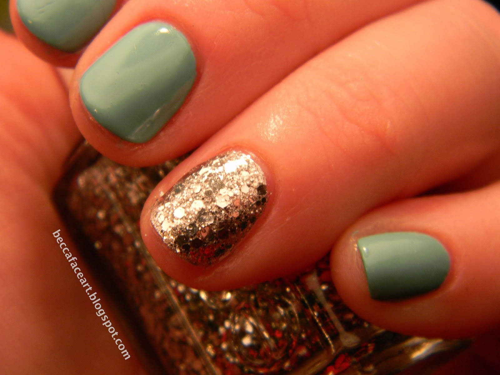Becca Face Nail Art: Turquoise and Silver Glitter Nails