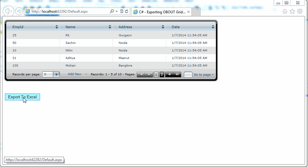 OBOUT Grid - Exporting to Excel C# - Exporting OBOUT Grid to Excel in Asp .Net