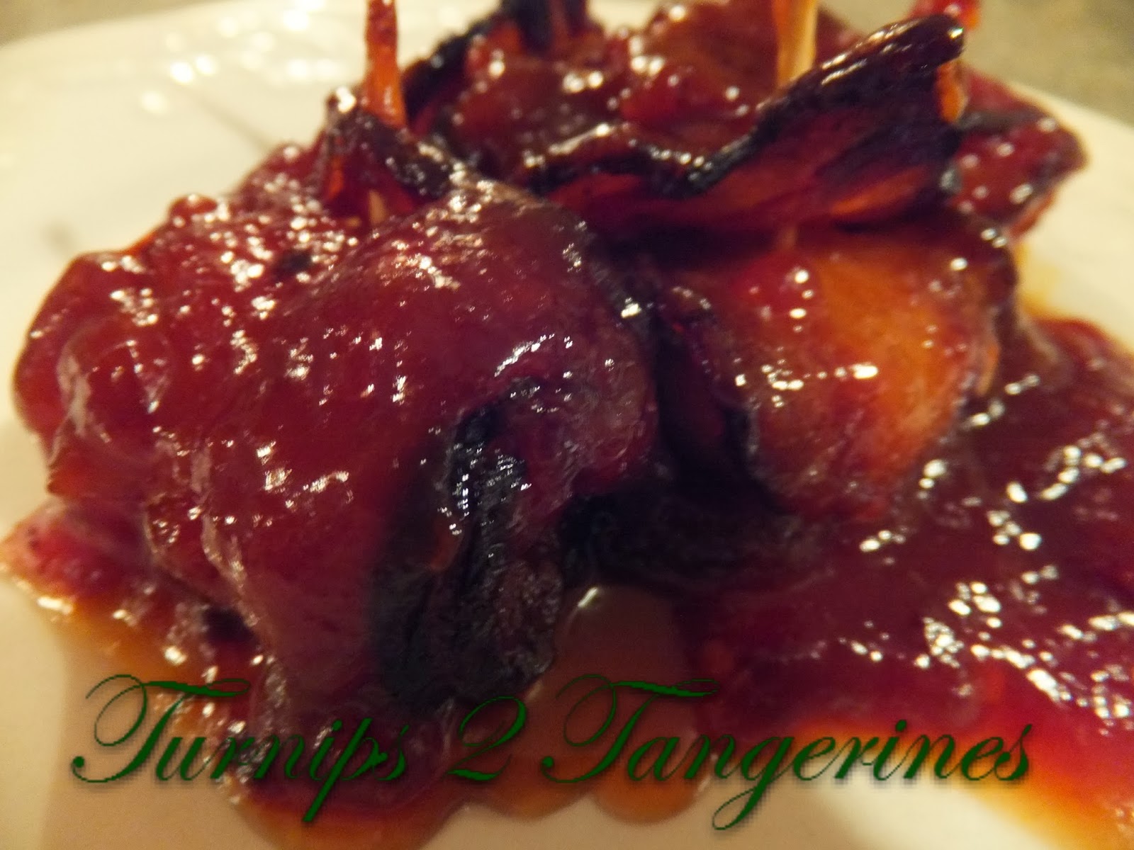 Turnips 2 Tangerines Bacon Wrapped Water Chestnuts in Sauce and Baked