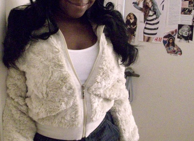 white tank top, faux fur jacket, long hair, black hair, white jacket, black girls, fashion, jeans, stylists, protective hairstyles