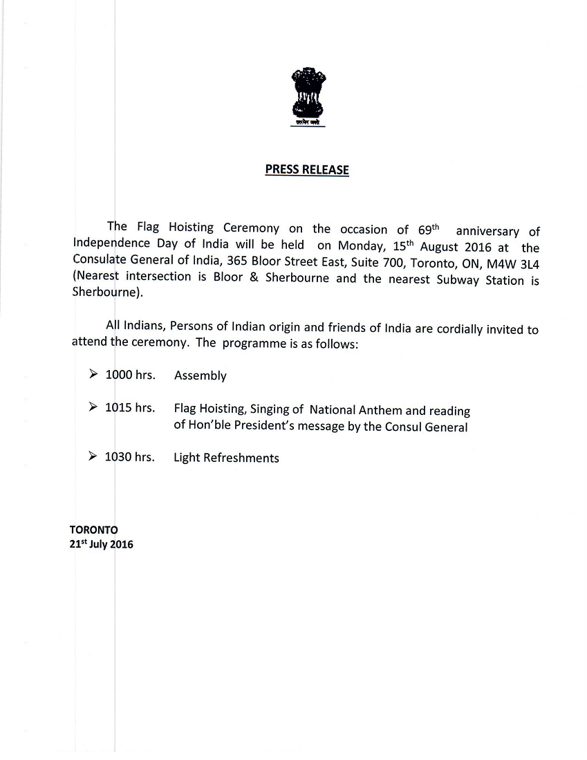 Invitation for the Flag hoisting at Consulate on
