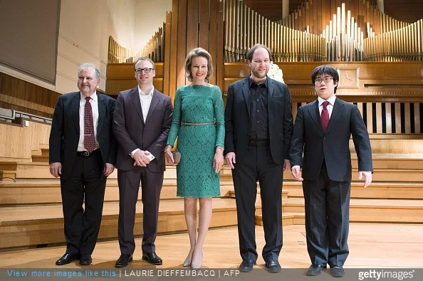 Daniel Blumenthal, Liebrecht Vanbeckevoort, Queen Mathilde of Belgium, Thomas Hoppe and Sato Takashi pose for the photographer at the semi-finals of the Queen Elisabeth Violin Competition 2015 at the Brussels' Flagey, Saturday on May 16, 2015