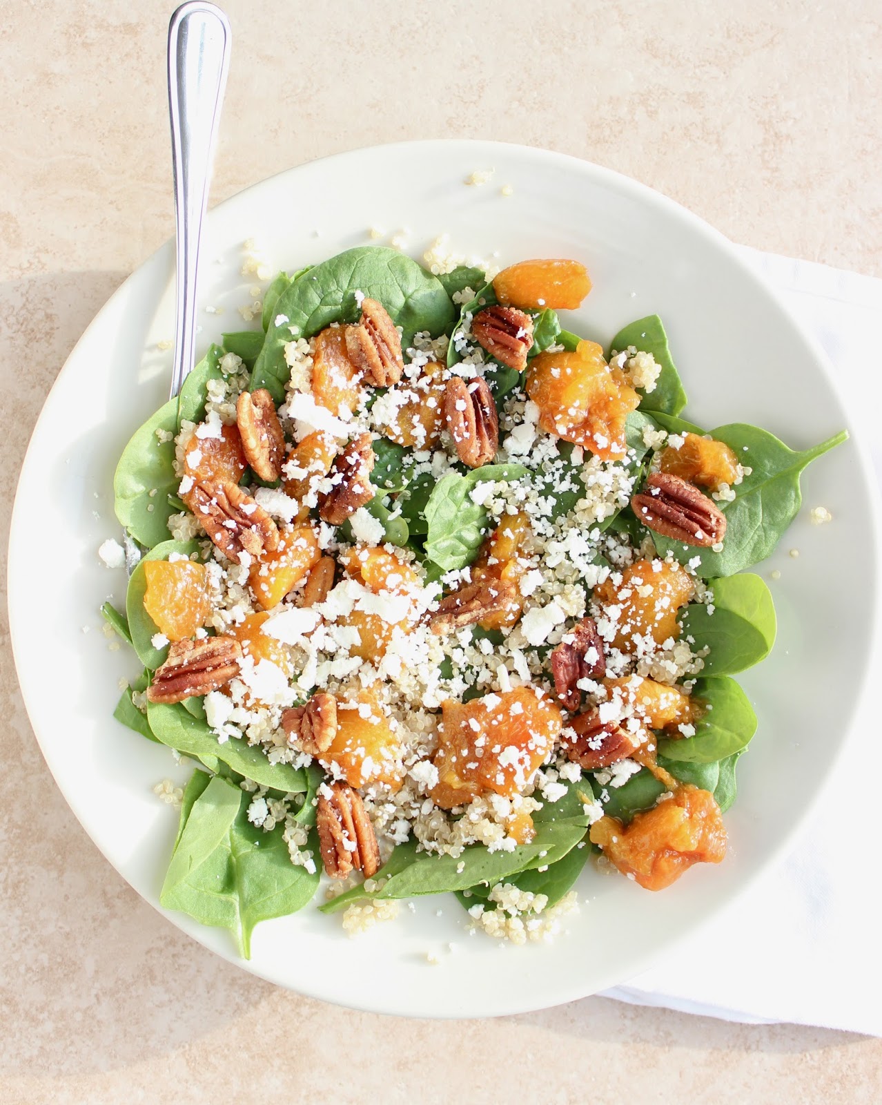 Stew or a Story Spinach Quinoa Salad with Peaches, Goat Cheese, and