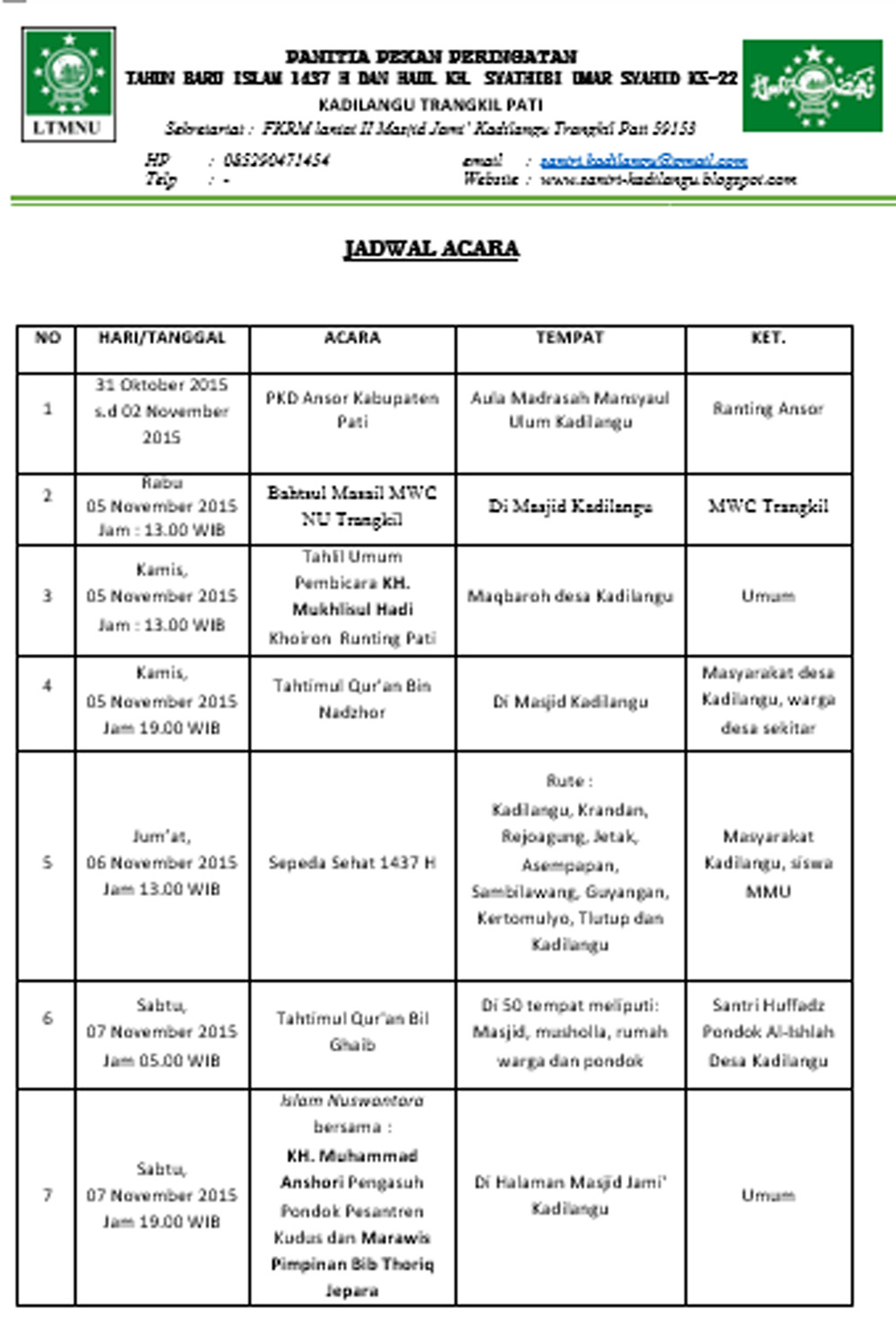 Jadwal Acara Pengajian Umum Kadilangu Trangkil Pati Tahun 2015 Santri