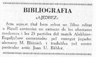 Recorte de la noticia sobre la publicación del libro AJEDREZ de Juan U. Bäbler Martí en 1930
