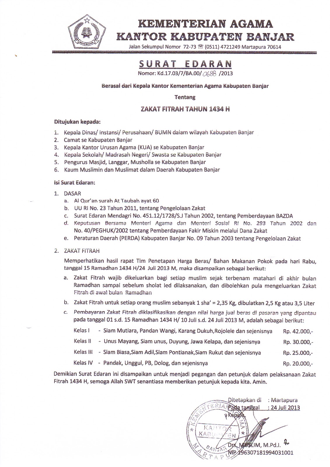 Surat Edaran Zakat Fitrah Kementerian Agama Kabupaten Banjar
