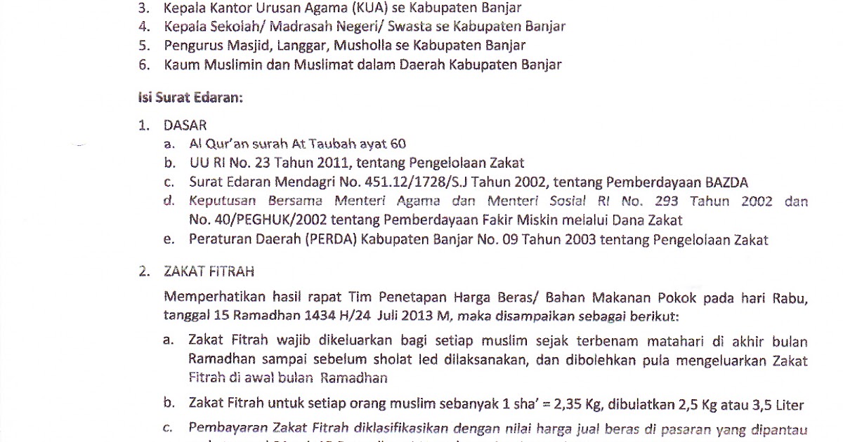 Surat Edaran Zakat Fitrah Kementerian Agama Kabupaten Banjar