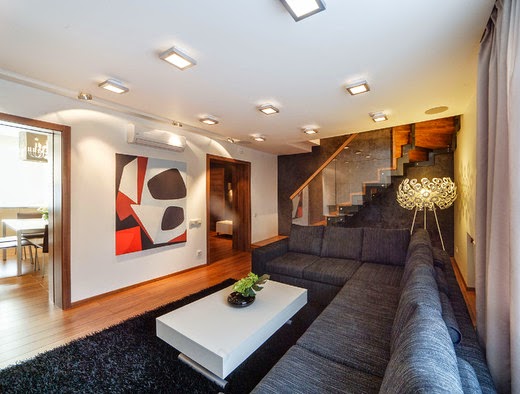 style of minimalism in living room, small area with two floors