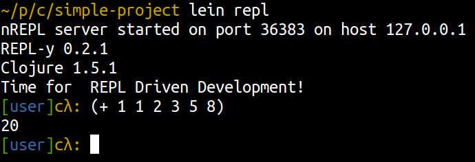 Customised Clojure REPL prompt with welcome message, configured in Leiningen