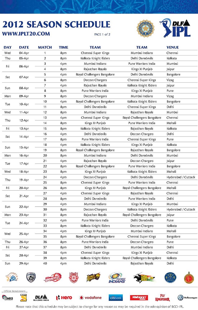 All About IPL 2012 Indian Premier League Match Fixture Download JPEG